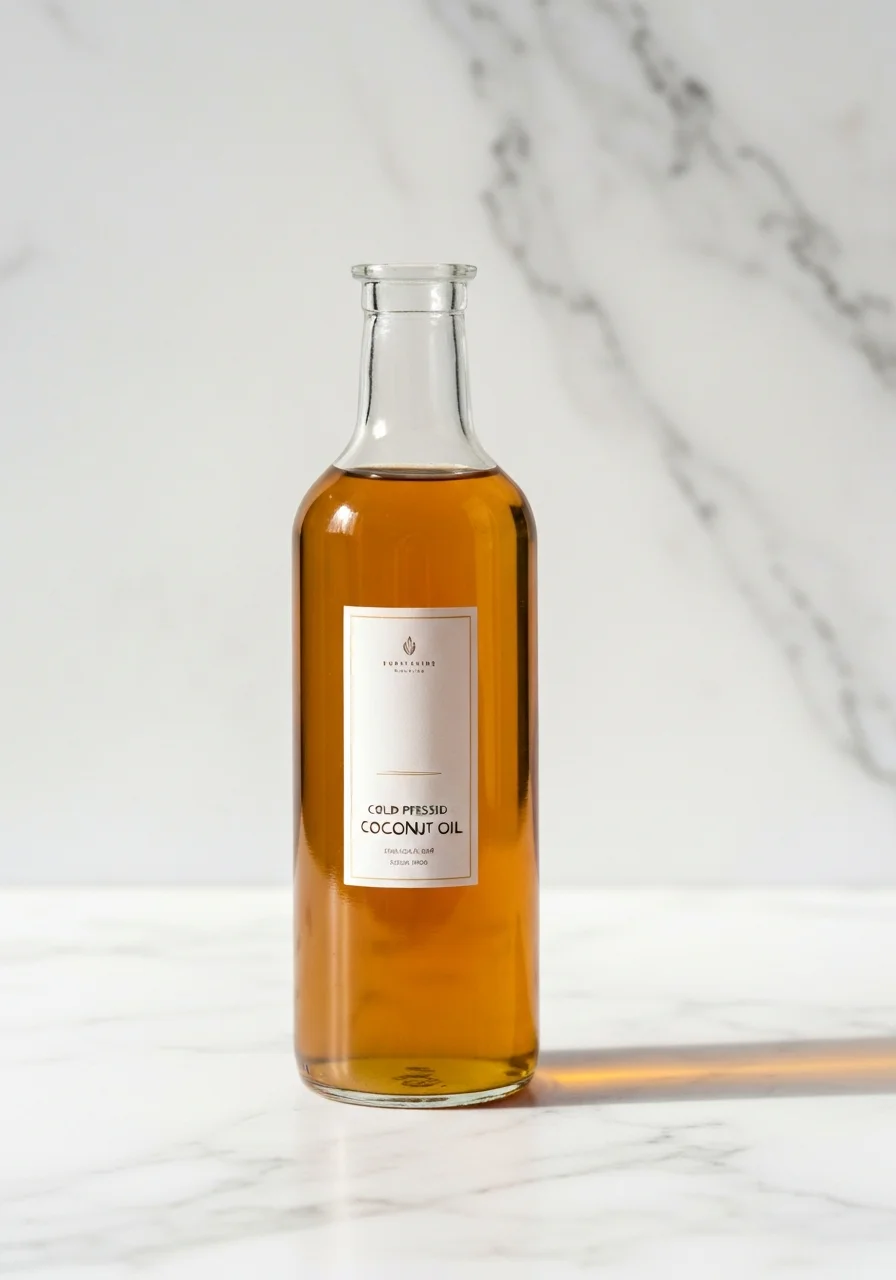 Cold-pressed coconut oil in glass bottle